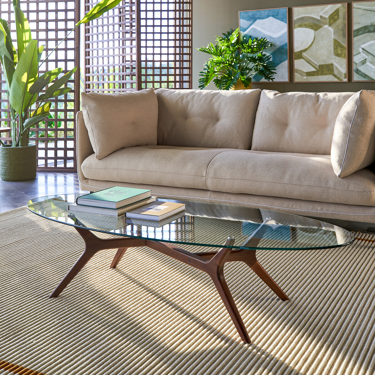 Table basse ellipse, noyer et verre, Maricielo noyer, AM.PM