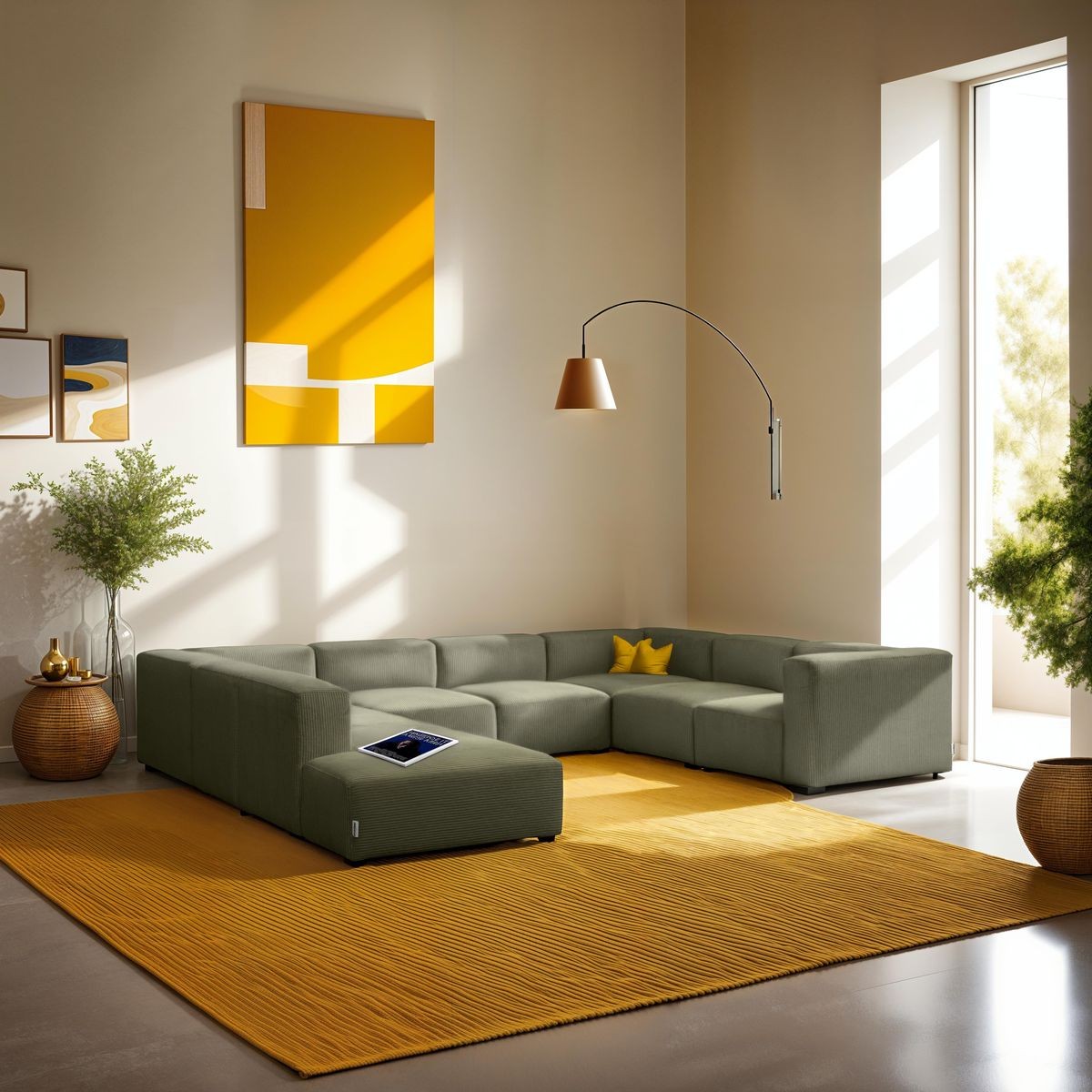 Canapé modulable panoramique 12 places ouvert à gauche en velours côtelé - MODULO vert kaki, HOMIFAB