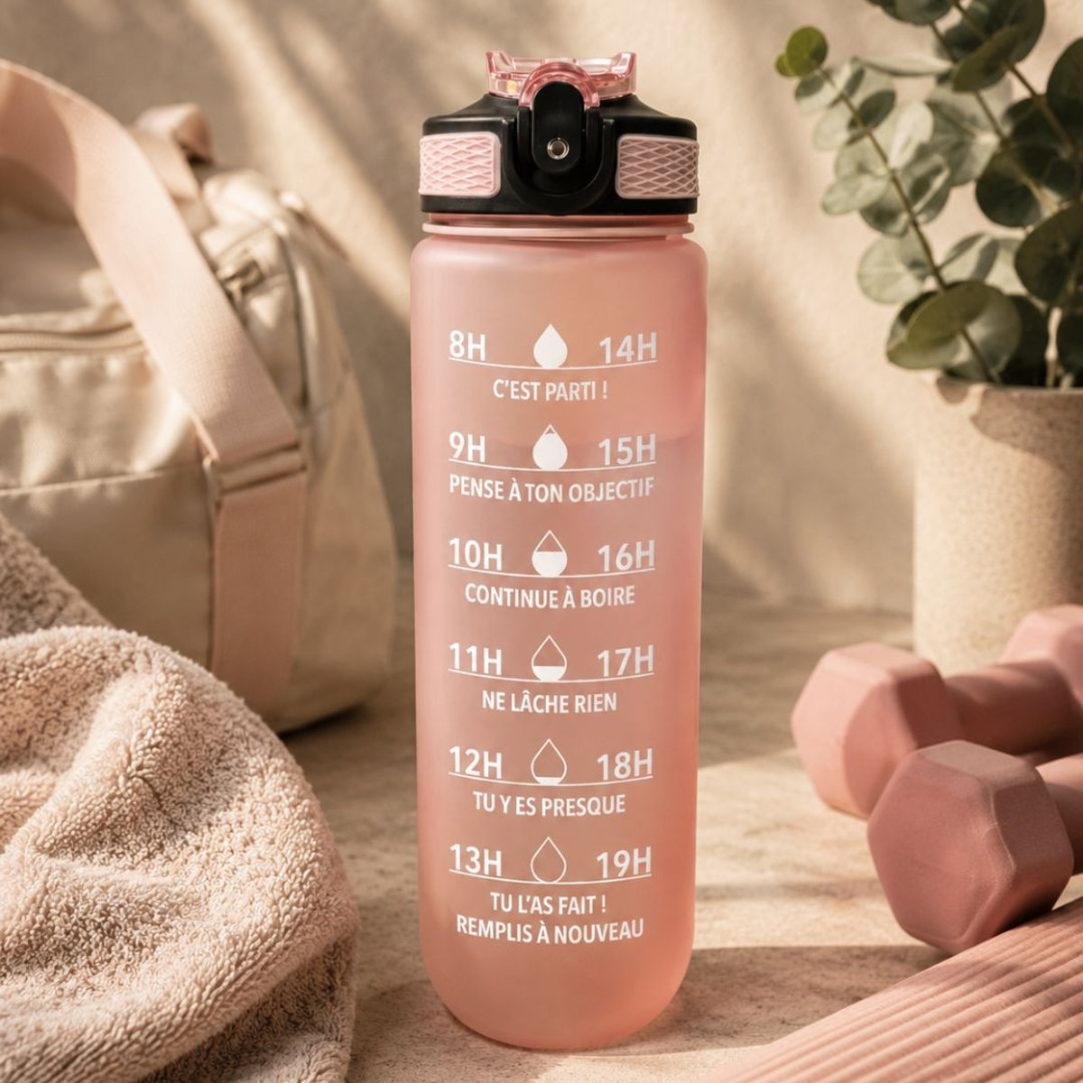 Gourde de motivation hydratation rose rose, ARTIME
