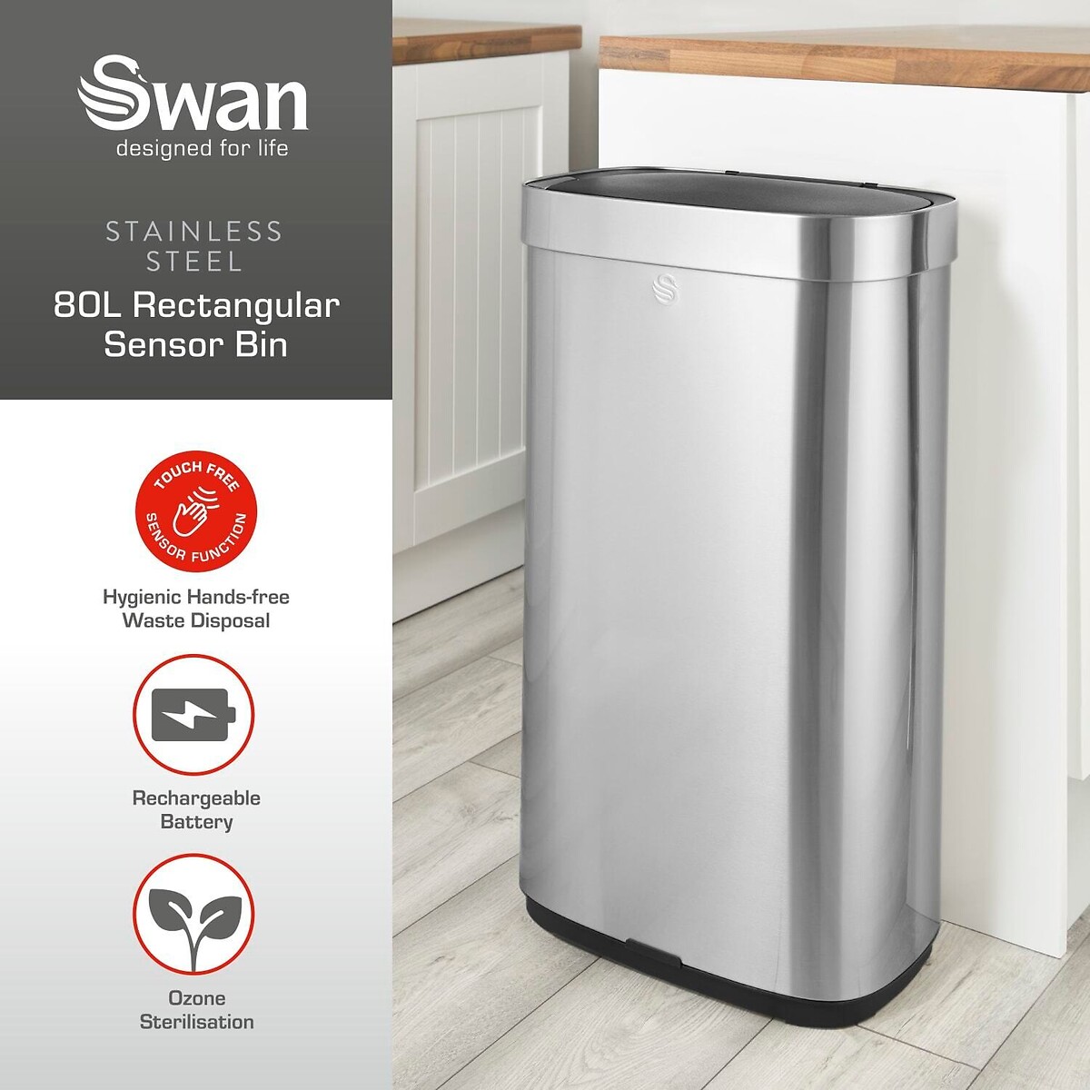 80L Rectangular Sensor Bin silver-coloured, SWAN