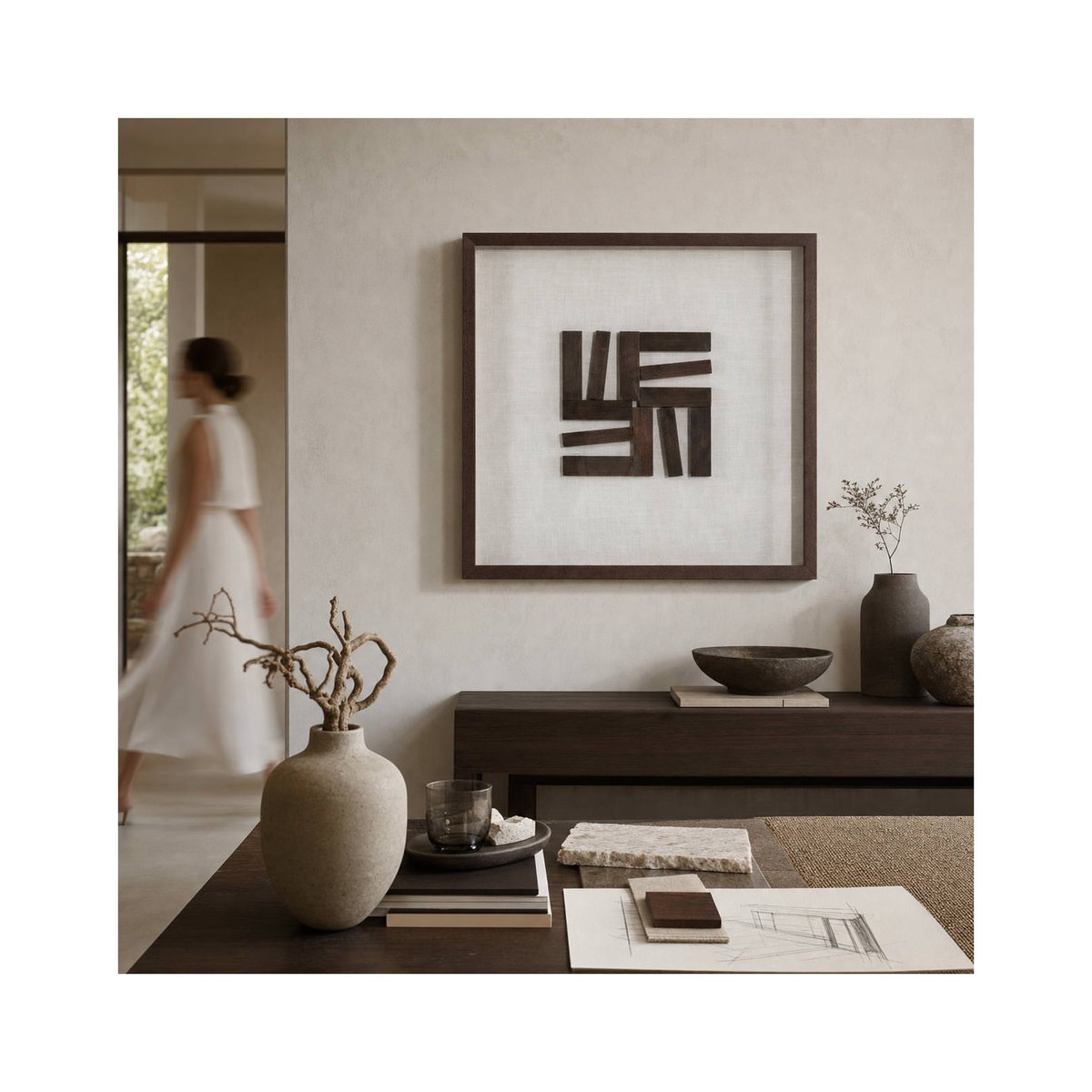 Tableau abstrait en bois et verre brun et blanc, RECOLLECTION