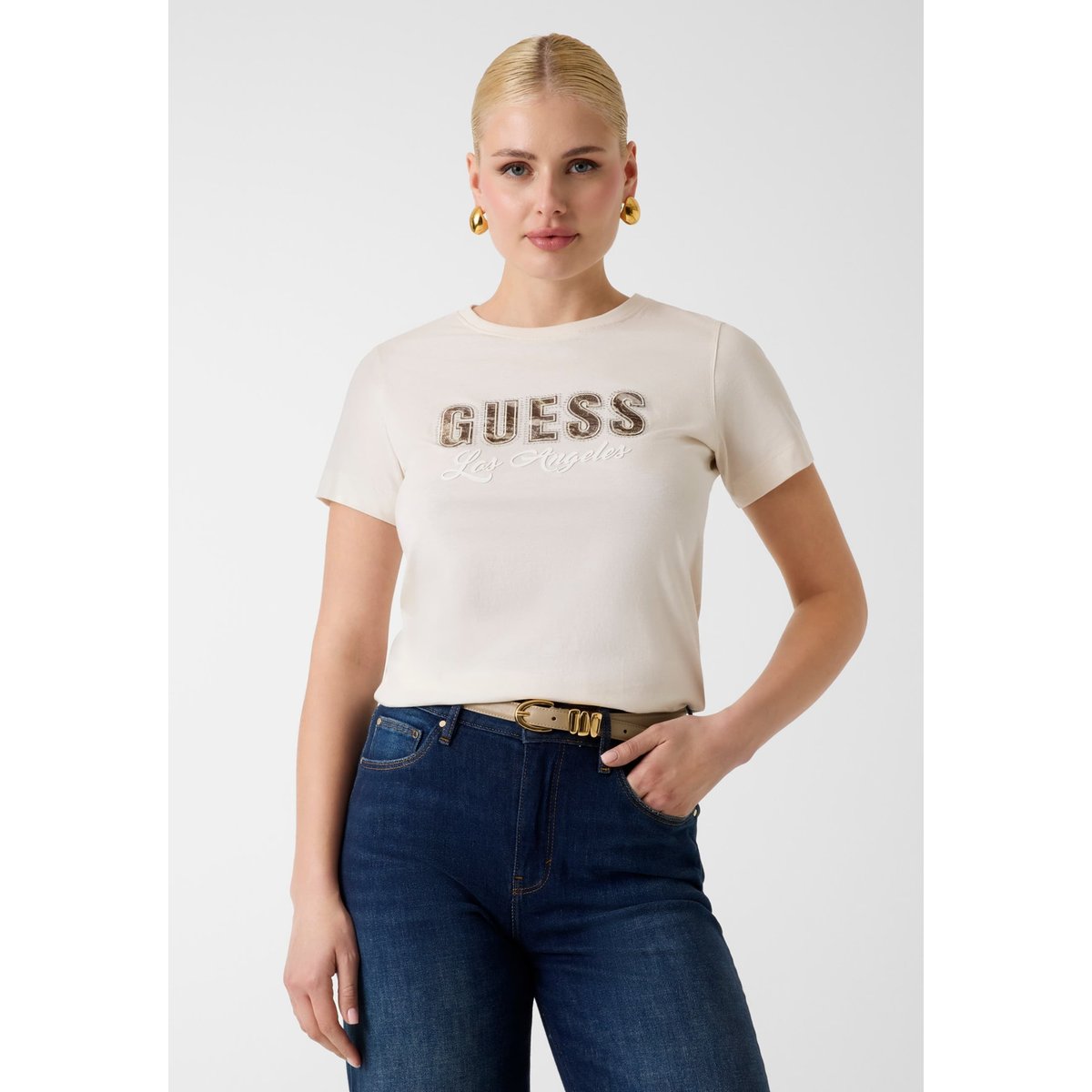 T-Shirt Avec Logo Imprimé crème, GUESS