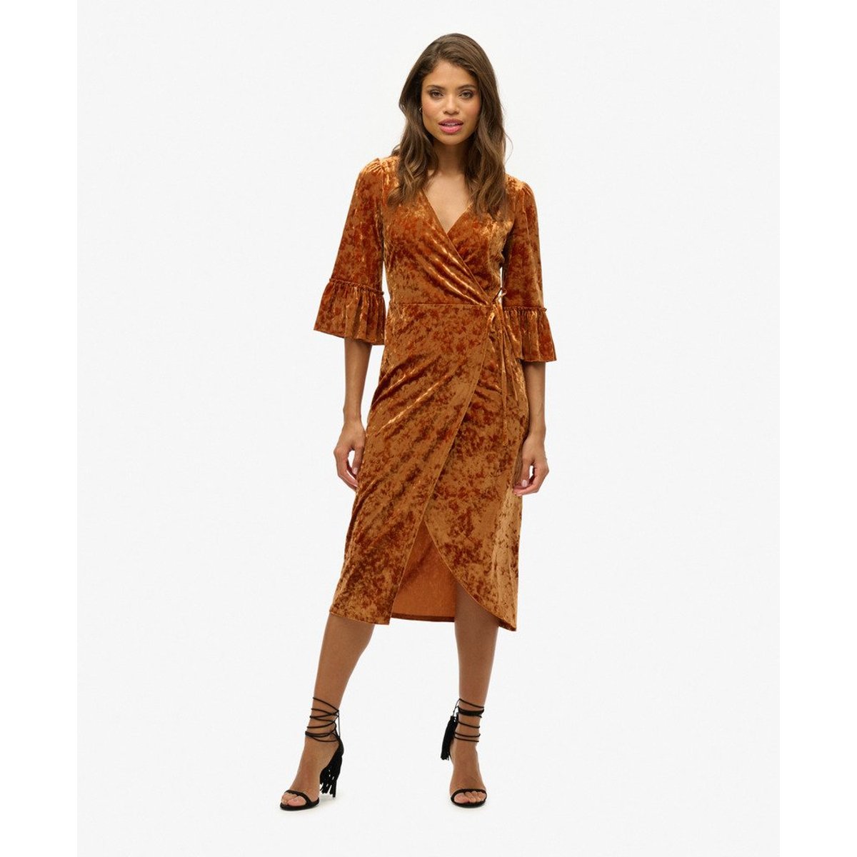 Robe portefeuille mi-longue en velours à manches courtes marron tabac, SUPERDRY