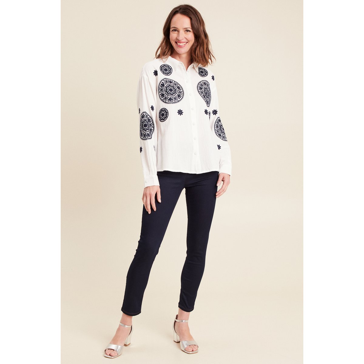 chemise en coton brodée manches longues ecru, BREAL