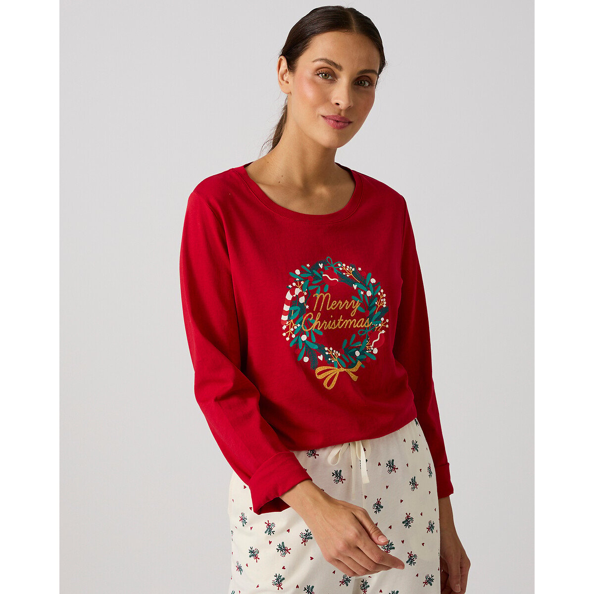 Pyjama Noël en maille jersey coton rouge/écru, DAMART