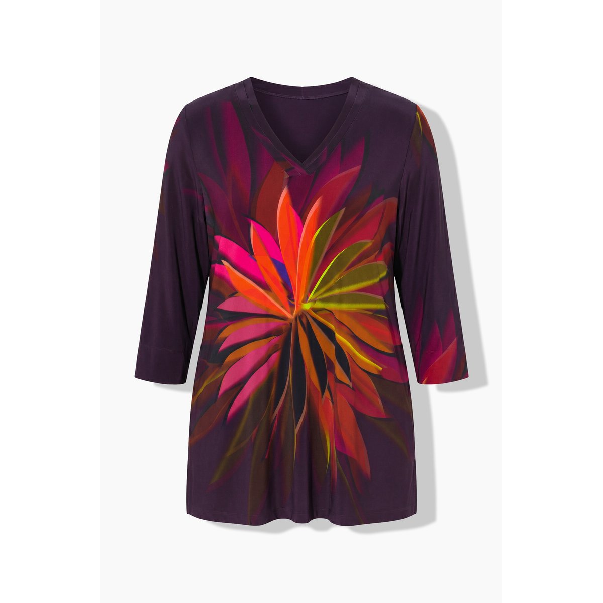 T-shirt long motif feuilles prune foncé, ULLA POPKEN