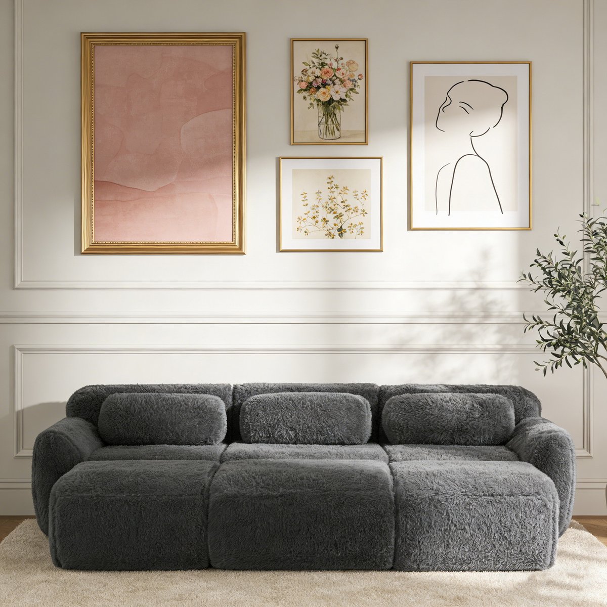 Canapé d'angle réversible 3 places avec 3 poufs, WIND gris charbon, MEUBLES COSY