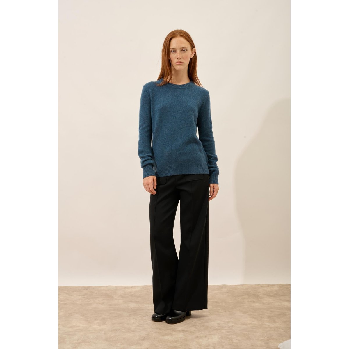 Pull Col Rond 4 Fils Vert Canard Chiné Lexini bleu foncé, JUST CASHMERE