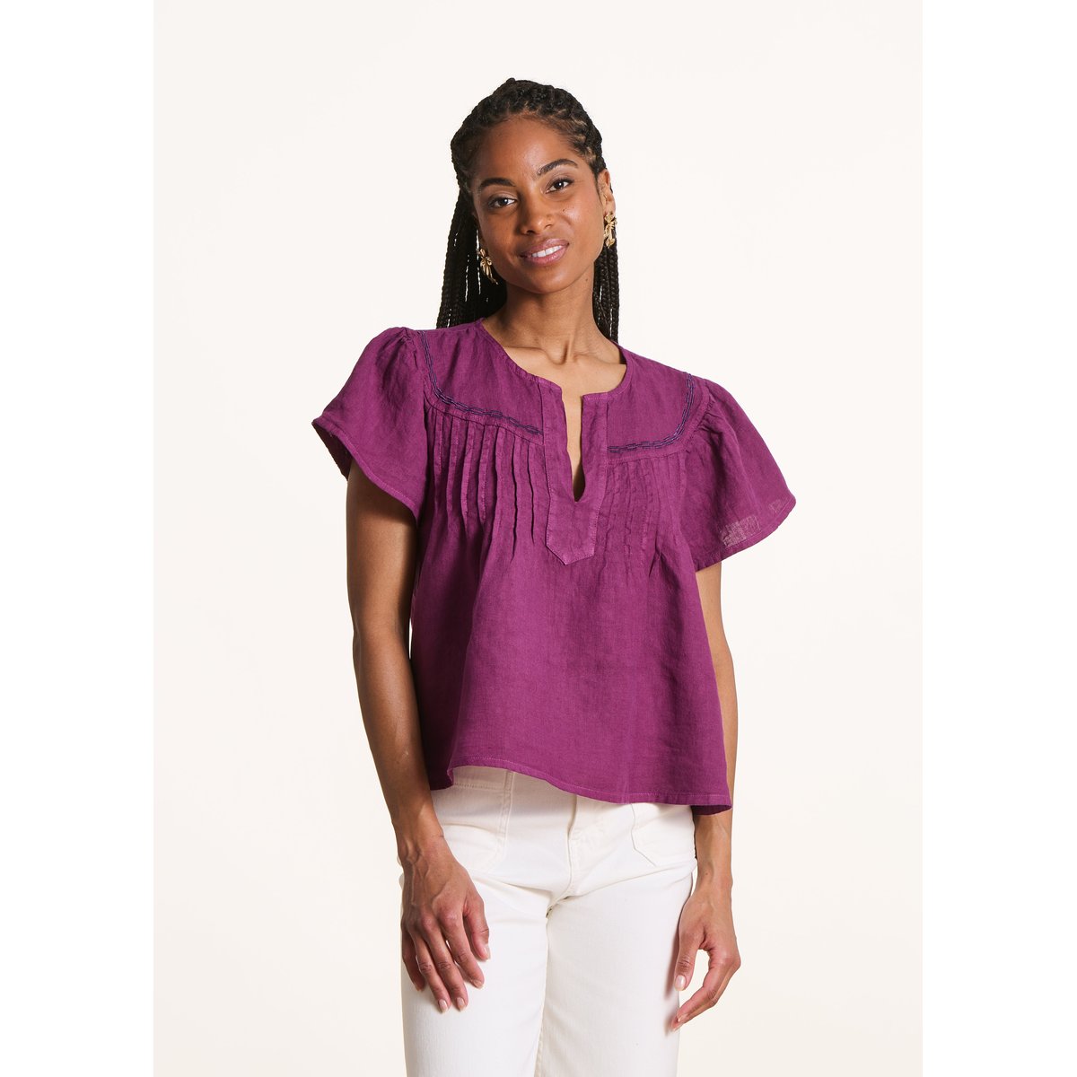 Top ample en lin manches courtes figue, LA FEE MARABOUTEE