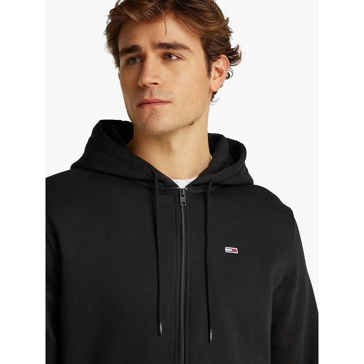 Felpa con cappuccio e zip in tessuto spazzolato nero , TOMMY JEANS
