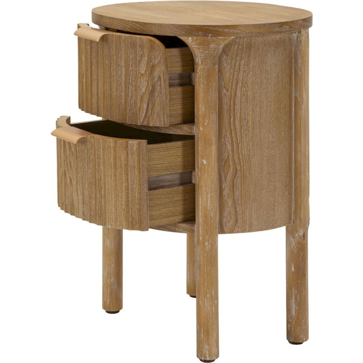 Table de chevet façade ronde 2 tiroirs MODERN bois naturel brun avec poignées dorées, RECOLLECTION