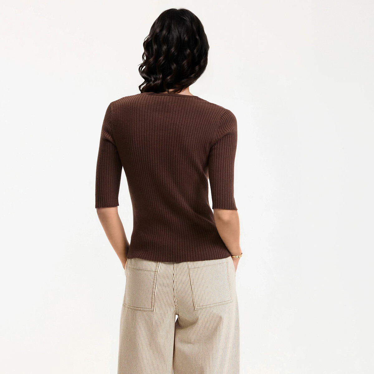 Pull col rond, en fine maille côtelée, laine et coton mélangés marron, LA REDOUTE COLLECTIONS