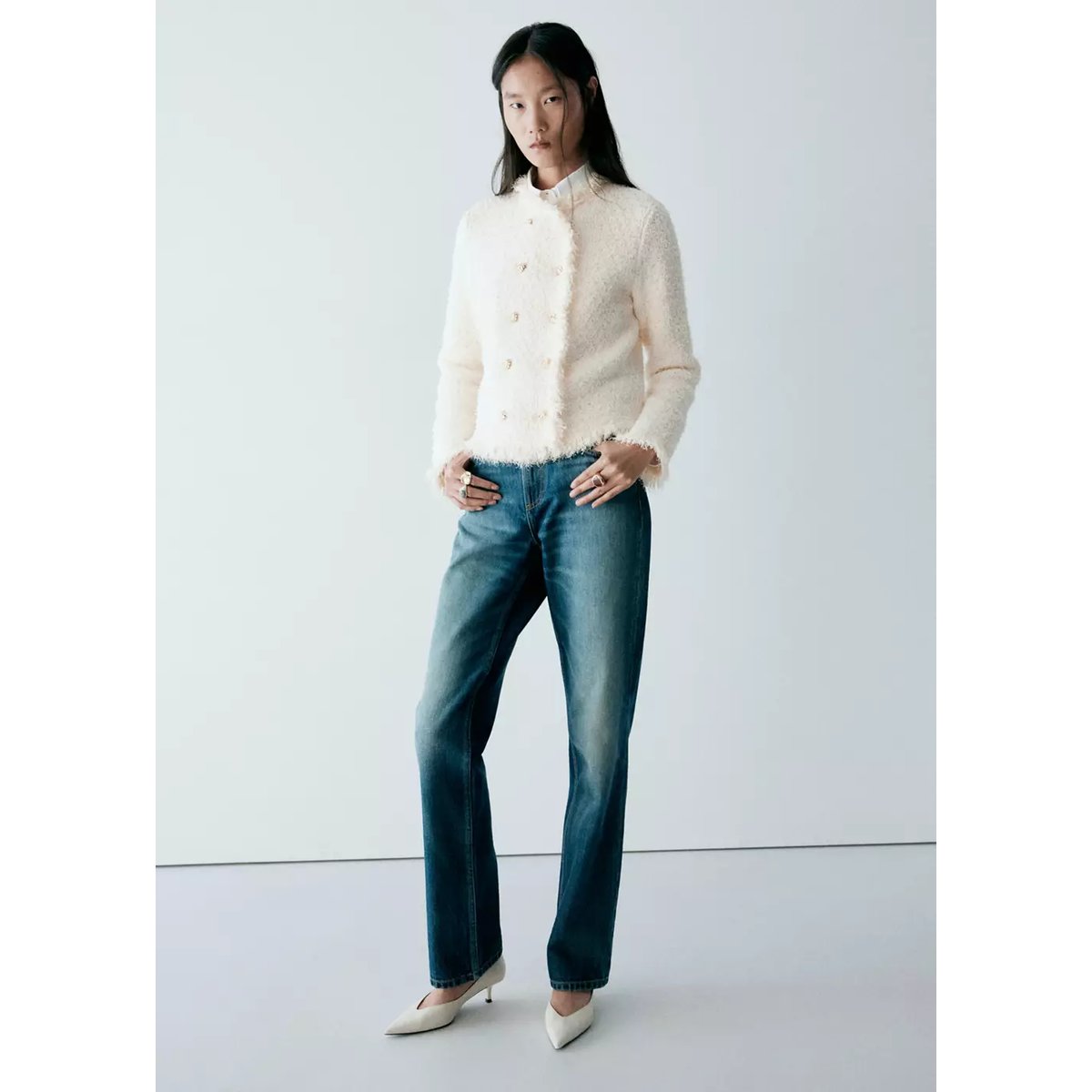 Veste tweed double boutonnage écru, MANGO
