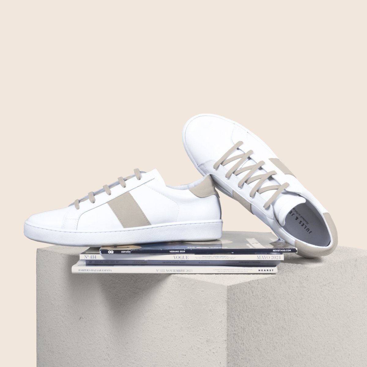 Tennis lacet Arthur cuir blanc/camel, JULES & JENN