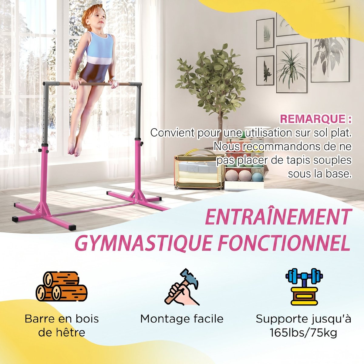 Barre de gymnastique pour enfants Acier Rose rose, HOMCOM