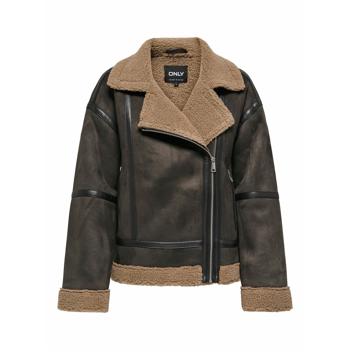 Manteau court esprit motard doublé sherpa chocolat, ONLY
