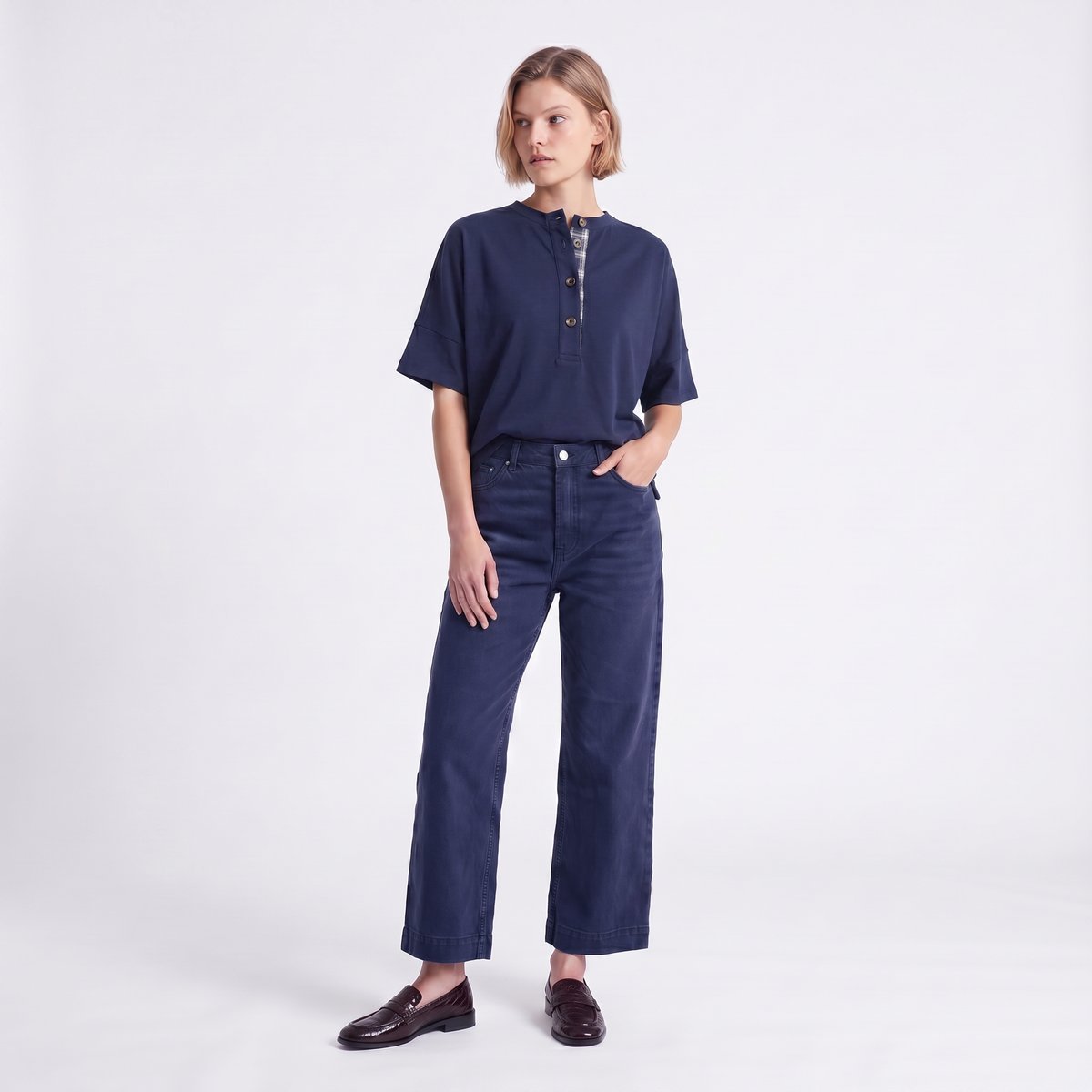 T-shirt col officier manches courtes MARISSE bleu marine, ARTLOVE