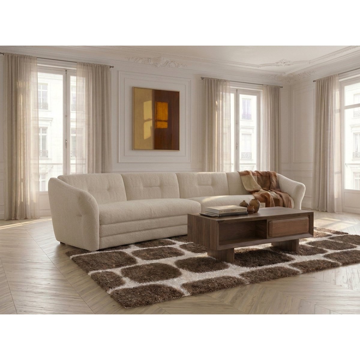 Canapé droit fixe 4 places en tissu chiné, MARBLE beige, BOBOCHIC