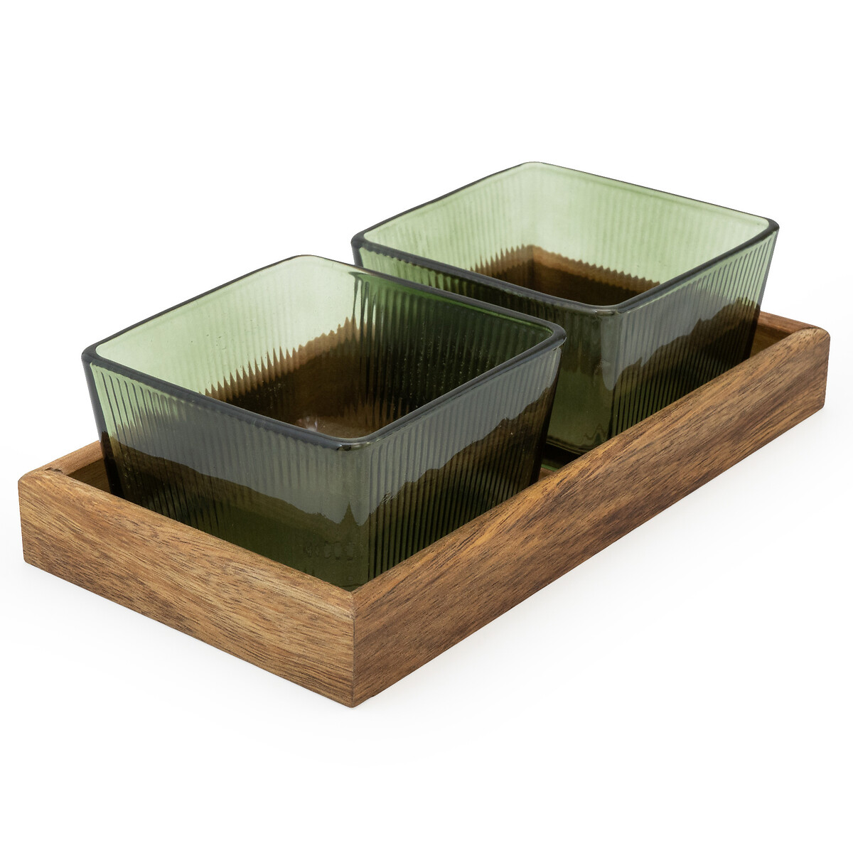 Set of 2 Square Glass Bowls & Acacia Wood Tray Set green, SO'HOME