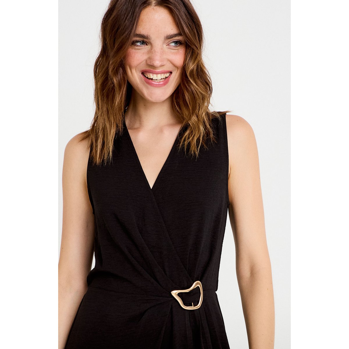Robe droite 3/4 sans manches col v noir, CACHE CACHE