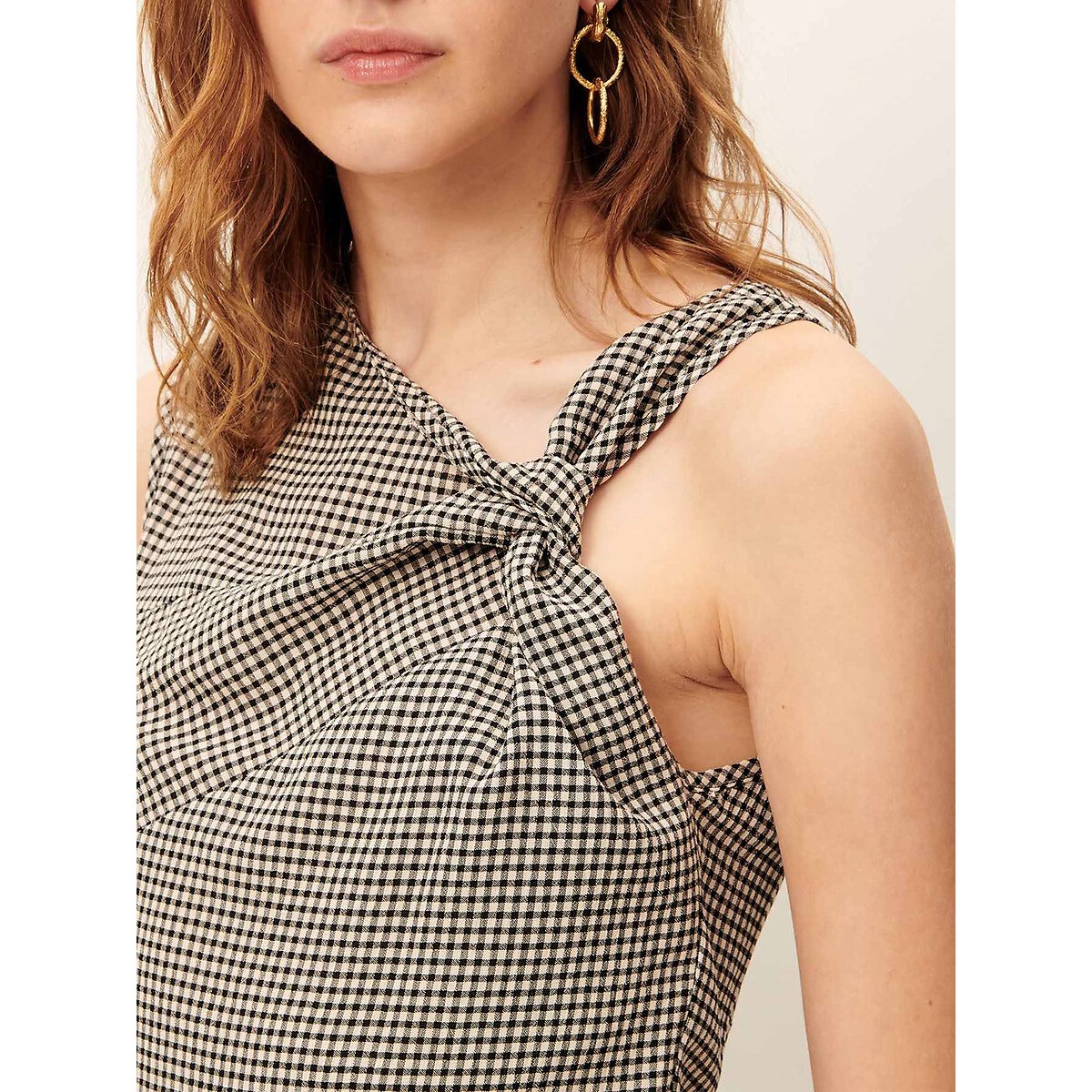 Blusa corta asimmetrica senza maniche a quadretti vichy, LUMA nero/bianco, SESSUN