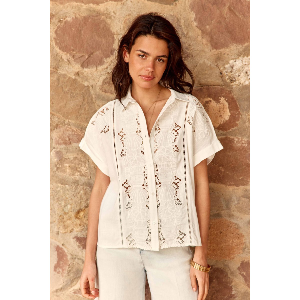 Chemisier manches courtes col chemise uni CHERYL 10-blanc, LA PETITE ETOILE