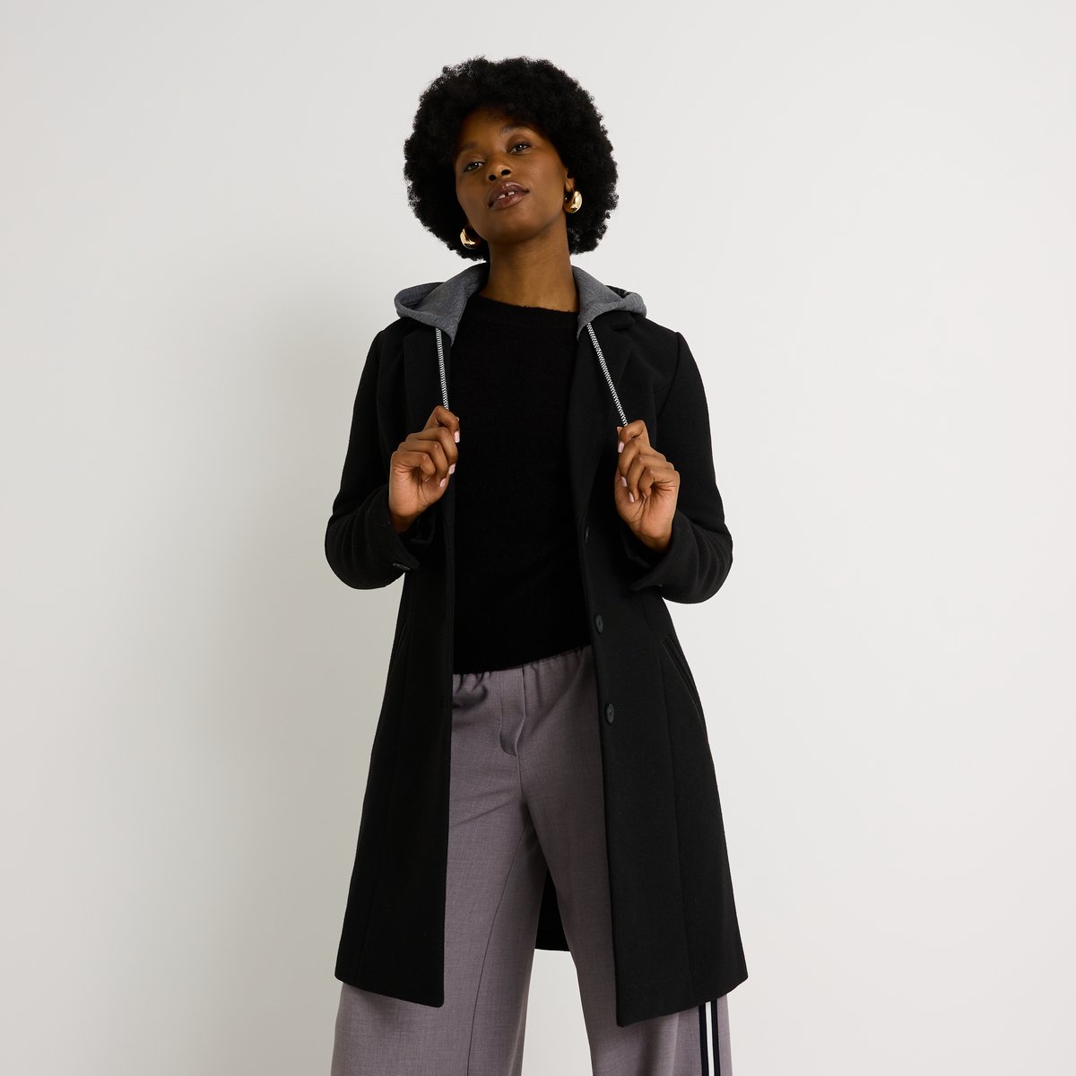 Manteau mi-long capuche amovible noir, GRAIN DE MALICE