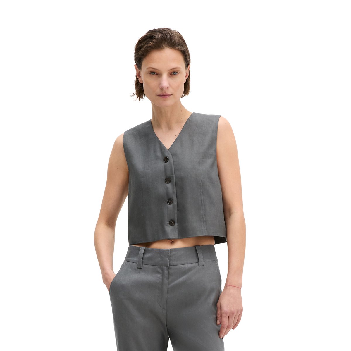 Gilet de costume cropped en viscose-lin stretch gris foncé, MARC O'POLO