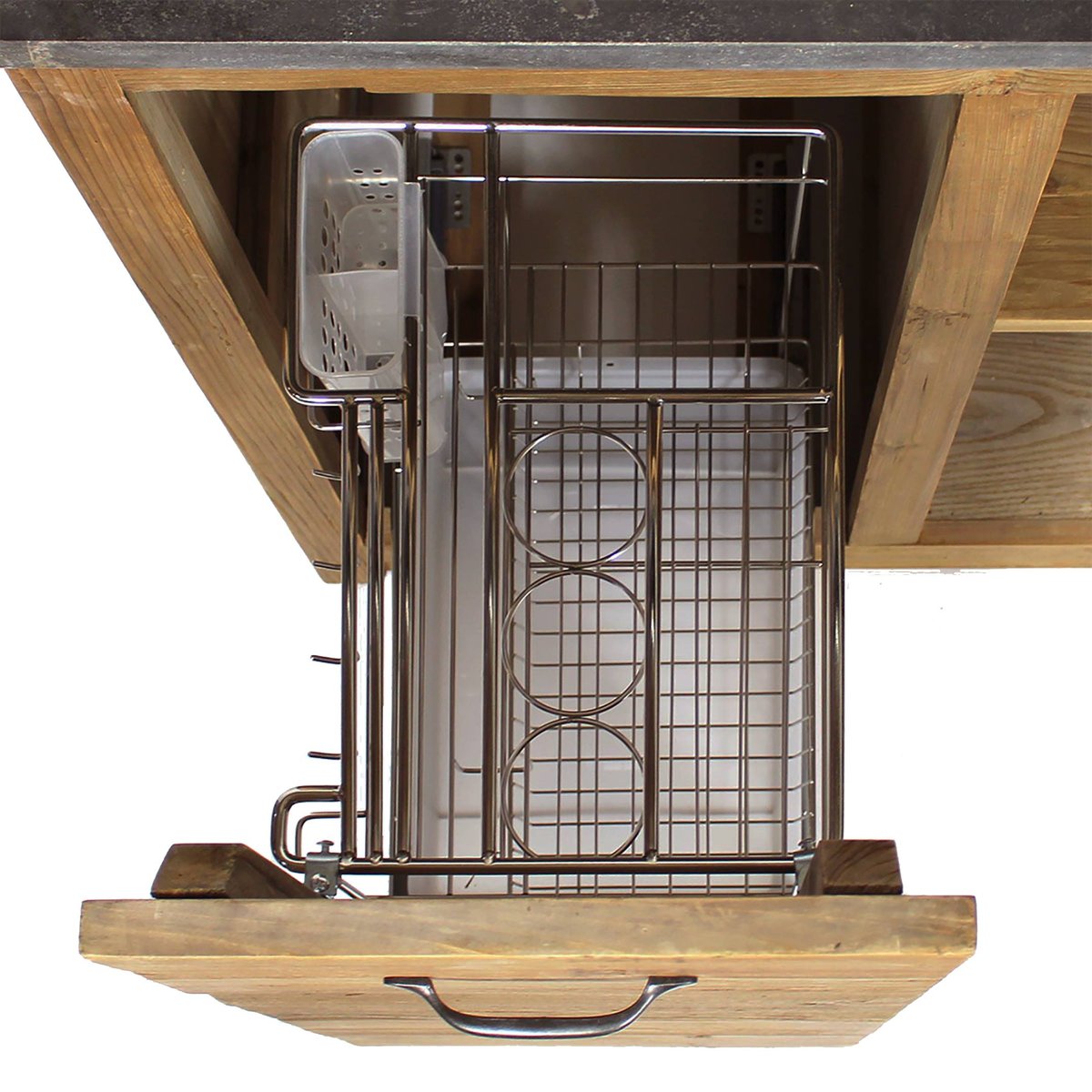 Meuble bas de cuisine en bois recyclé et pierre bleue CHAMPÊTRE bois clair, MADE IN MEUBLES