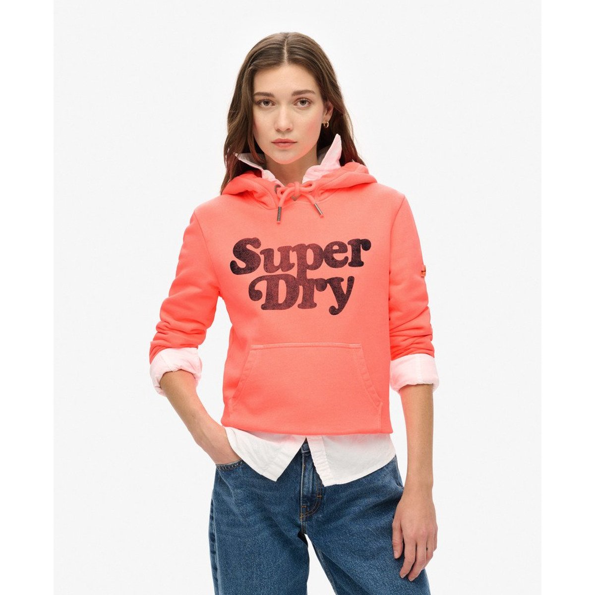 Sweat à capuche à logo ton sur ton Cooper corail pastelline, SUPERDRY