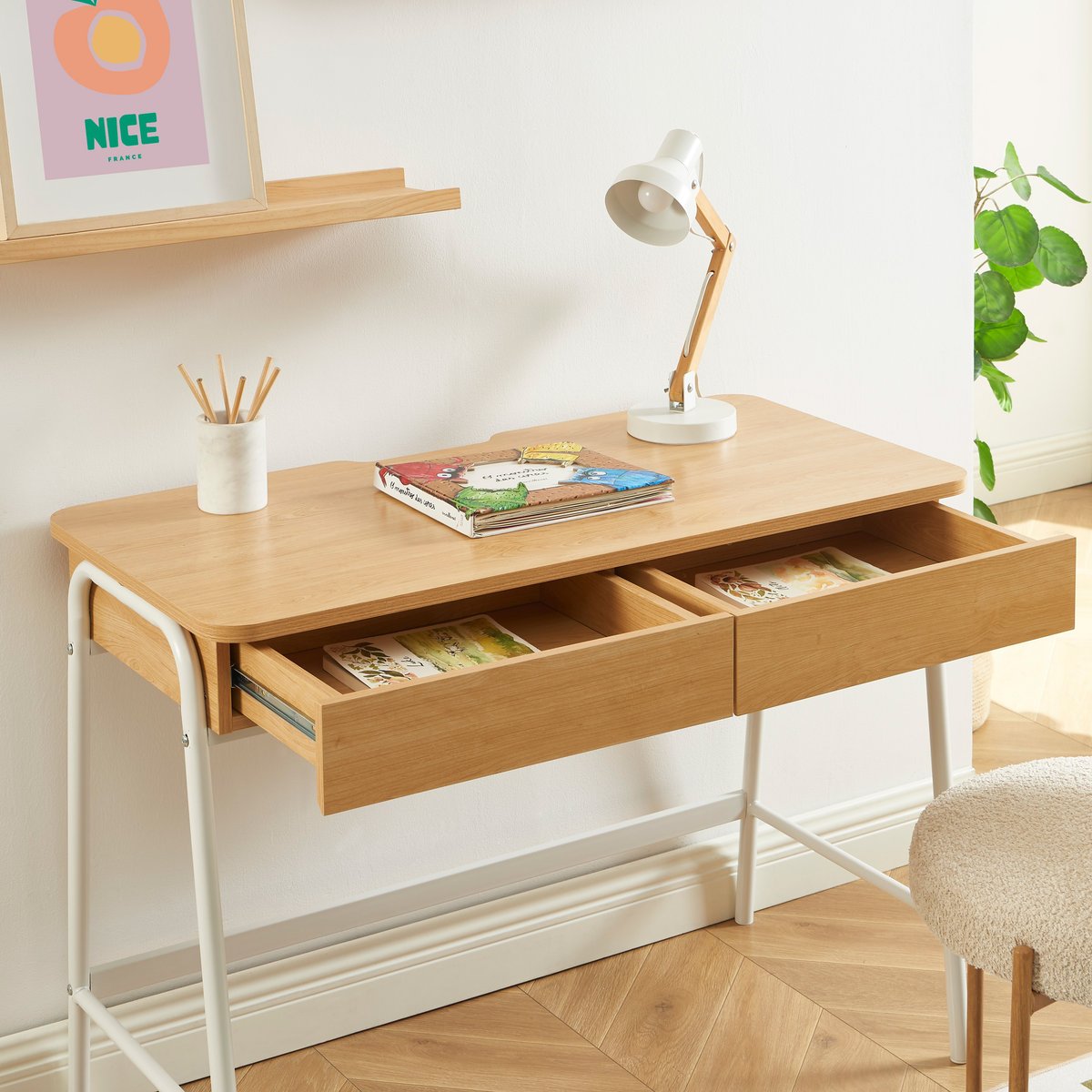 Bureau 2 tiroirs ESRA blanc et effet chêne, BAÏTA