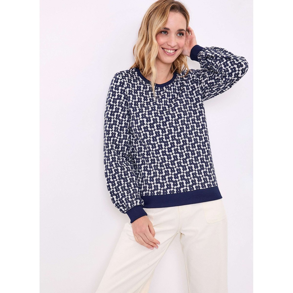 Sweat col rond maille jacquard BASILIE bleu navy, PRINCESSE NOMADE
