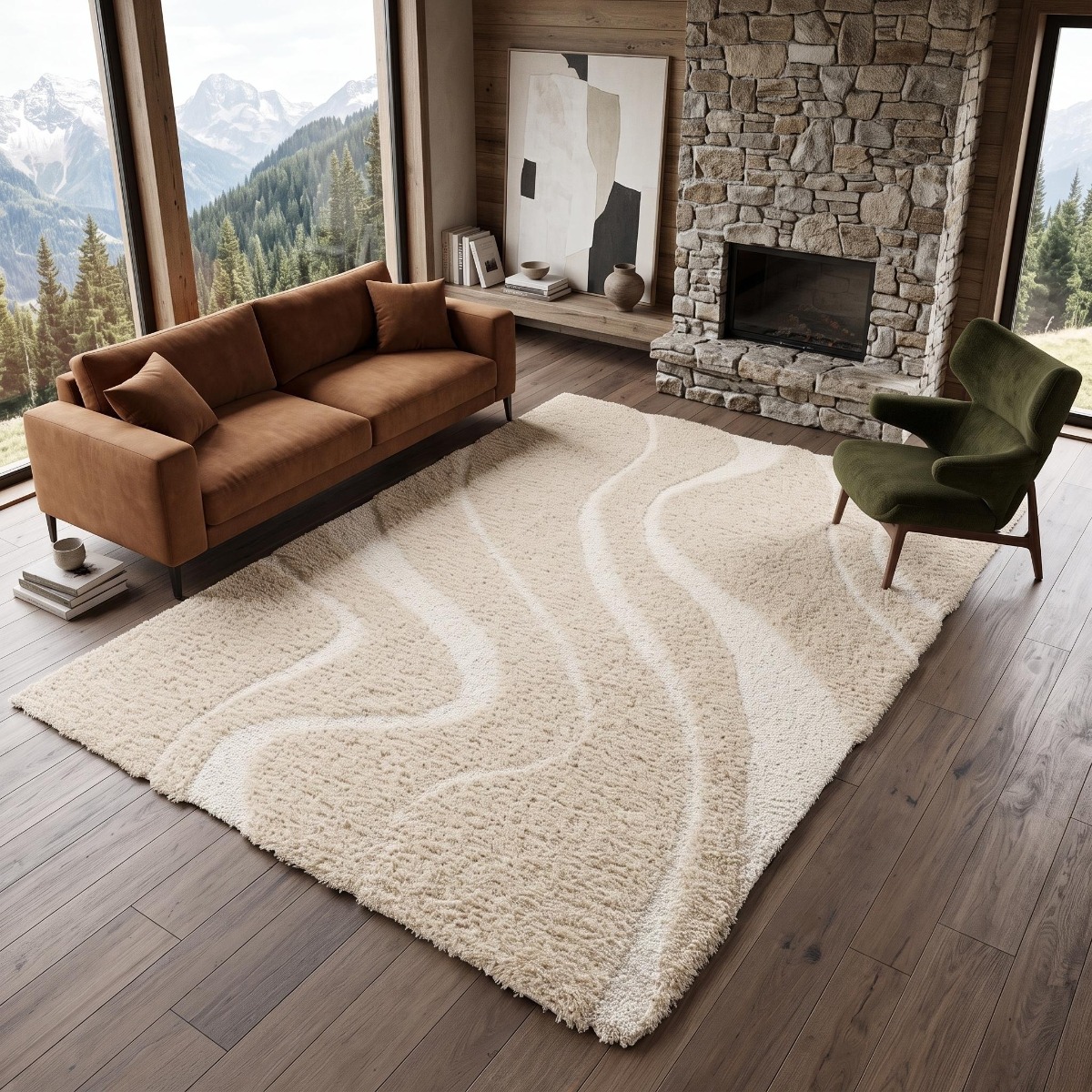 Tapis shaggy doux à relief graphique ORGANIC WAVES beige, THE DECO FACTORY