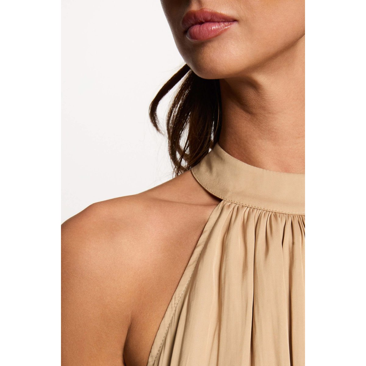 Robe longue évasée fluide beige, MORGAN