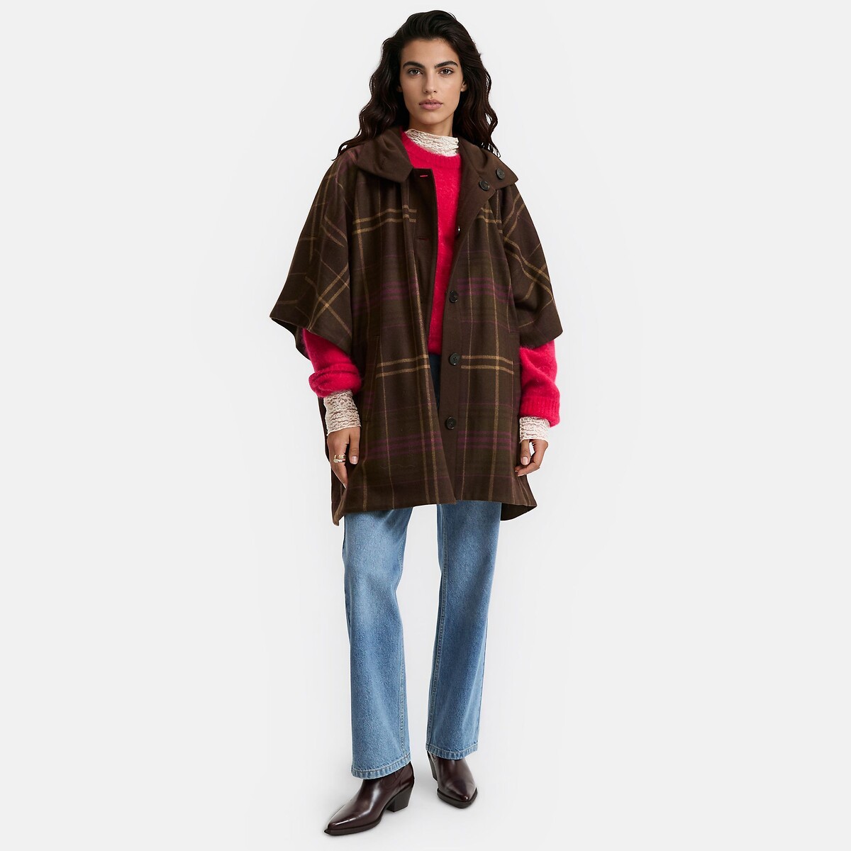 Veste cape à carreaux et capuche, réversible carreaux bordeaux, LA REDOUTE COLLECTIONS
