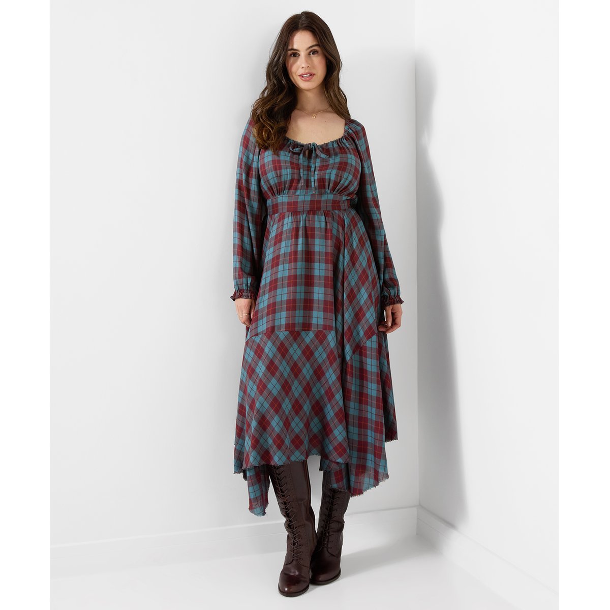 Robe Longue à Carreaux et Ourlet Plongeant Daphne bleu, JOE BROWNS