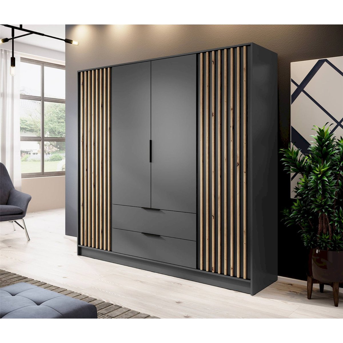 Armoire 4 portes à lames collection KARETTE gris et bois clair, RECOLLECTION