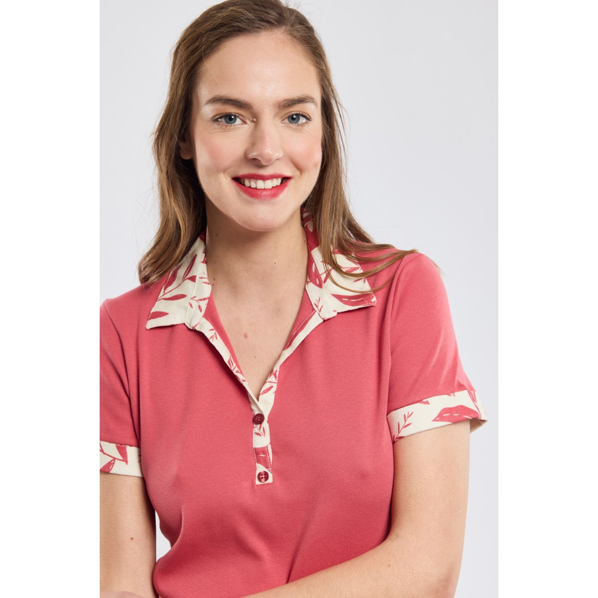 Polo motifs fleuris - coton garnet imp. calyptus, ARMOR-LUX