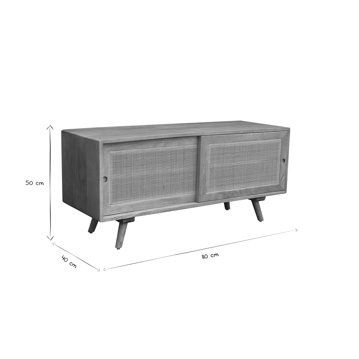 Meuble TV en bois manguier massif et cannage rotin L110 cm ACANGE chêne clair, MILIBOO