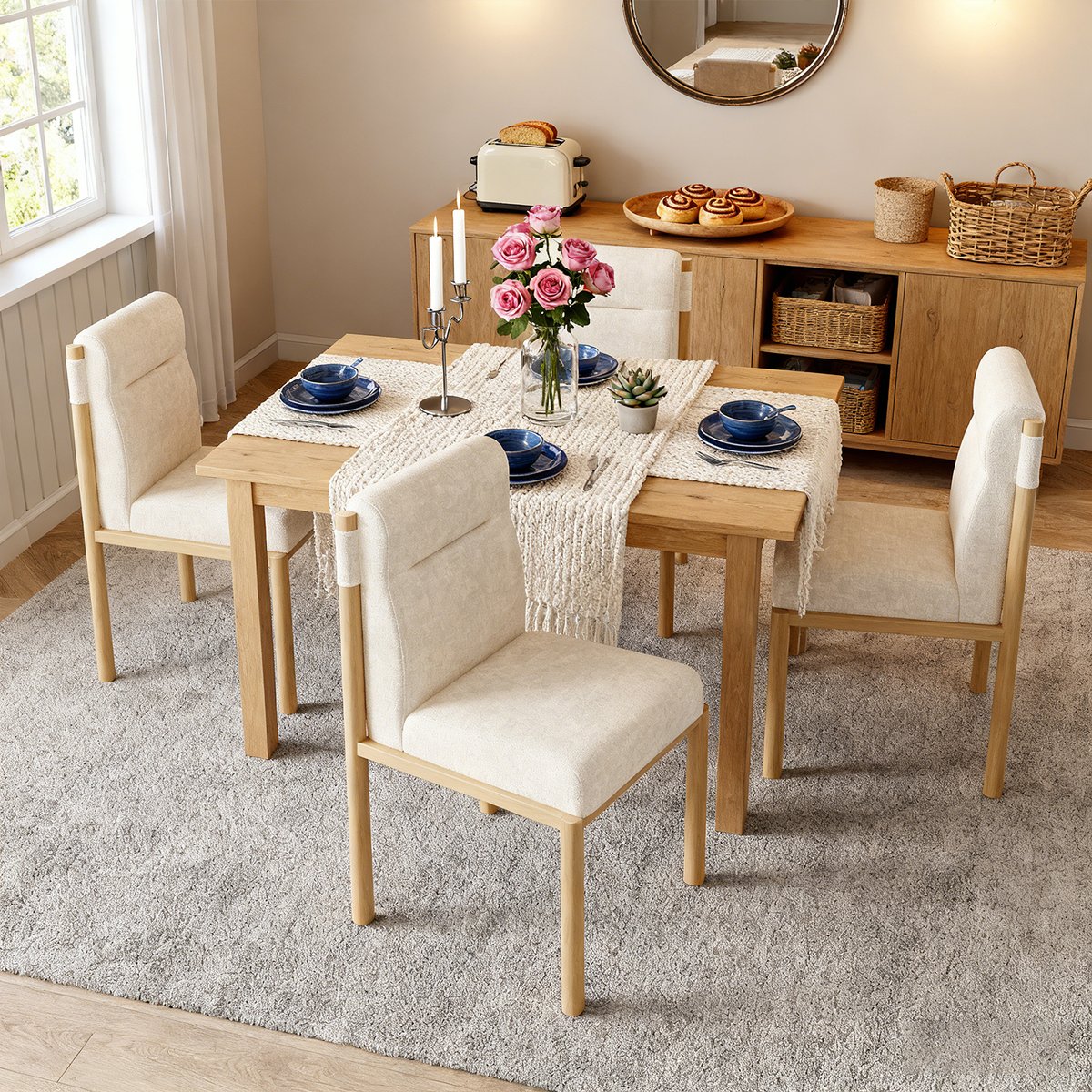 Lot de 4 chaises de salle à manger en bouclette avec pieds métal, DUORAU beige, MEUBLES COSY