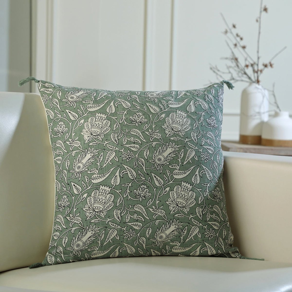 Coussin toile de coton NOIDA vert céladon, FEBRONIE