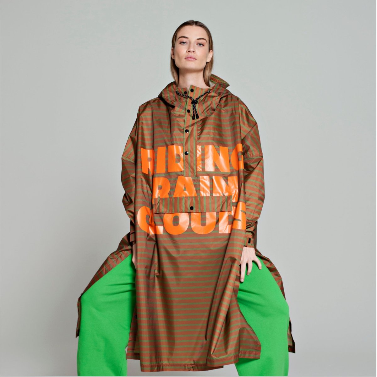 Poncho de pluie imperméable BRETON GREEN DIARY marron – rayures vertes, RAINKISS