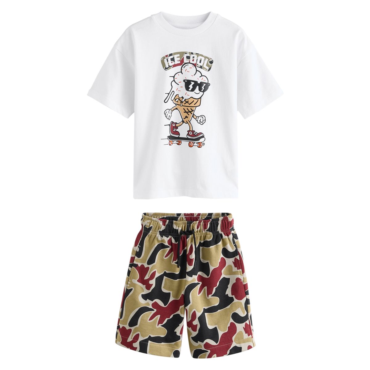 T-shirt décontracté et short crème glacée blanche/camouflage, NEXT
