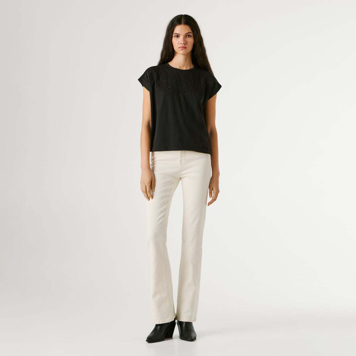 T-Shirt Avec Détails Ajourés Floraux noir, PEPE JEANS