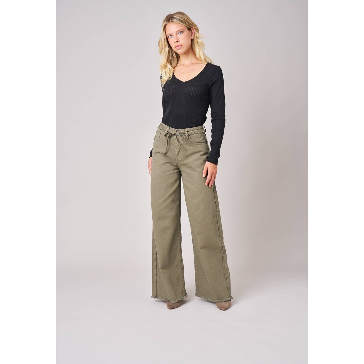 Jean wide leg femme 100% coton PRISTY light khaki, DEELUXE