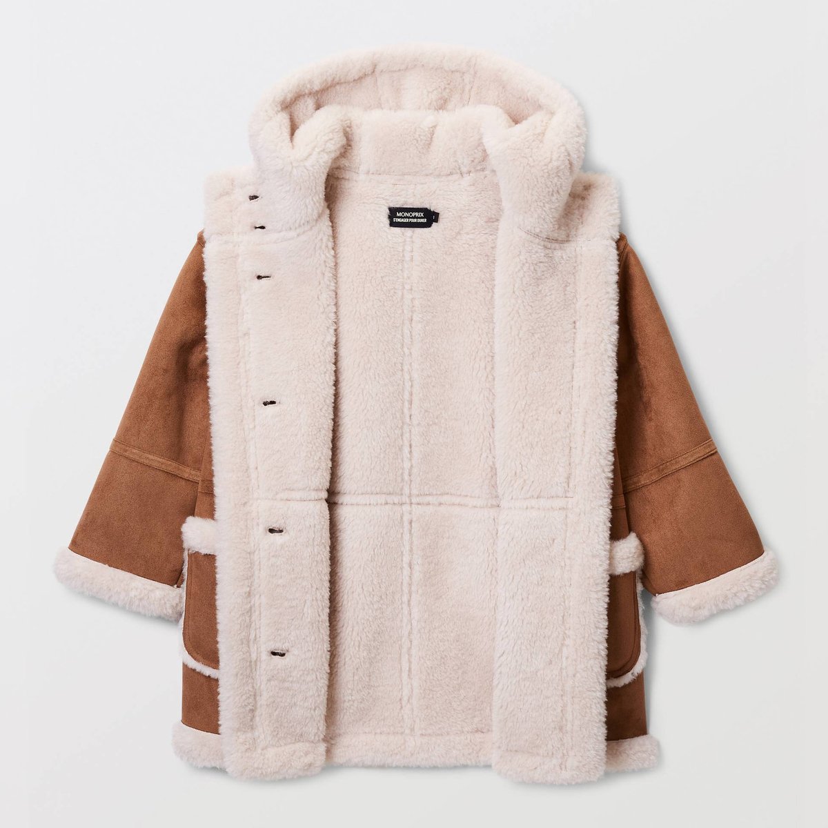 Manteau effet peau lainée à capuche osier, MONOPRIX
