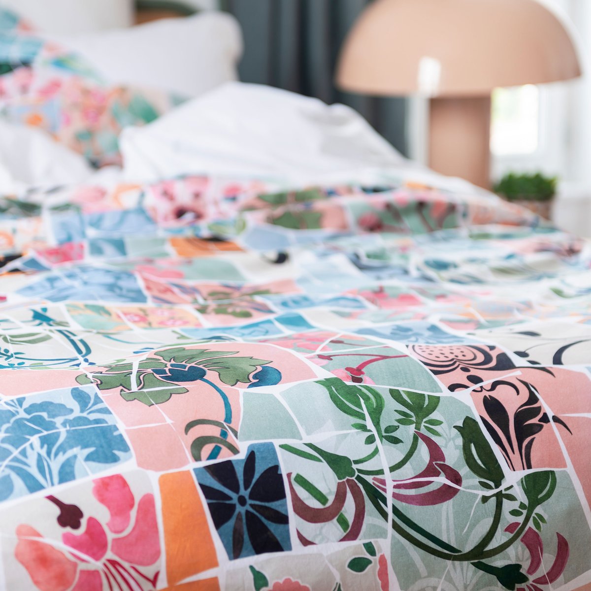 Housse de couette réversible percale de coton AZULEJOS imprimé, CARRE BLANC