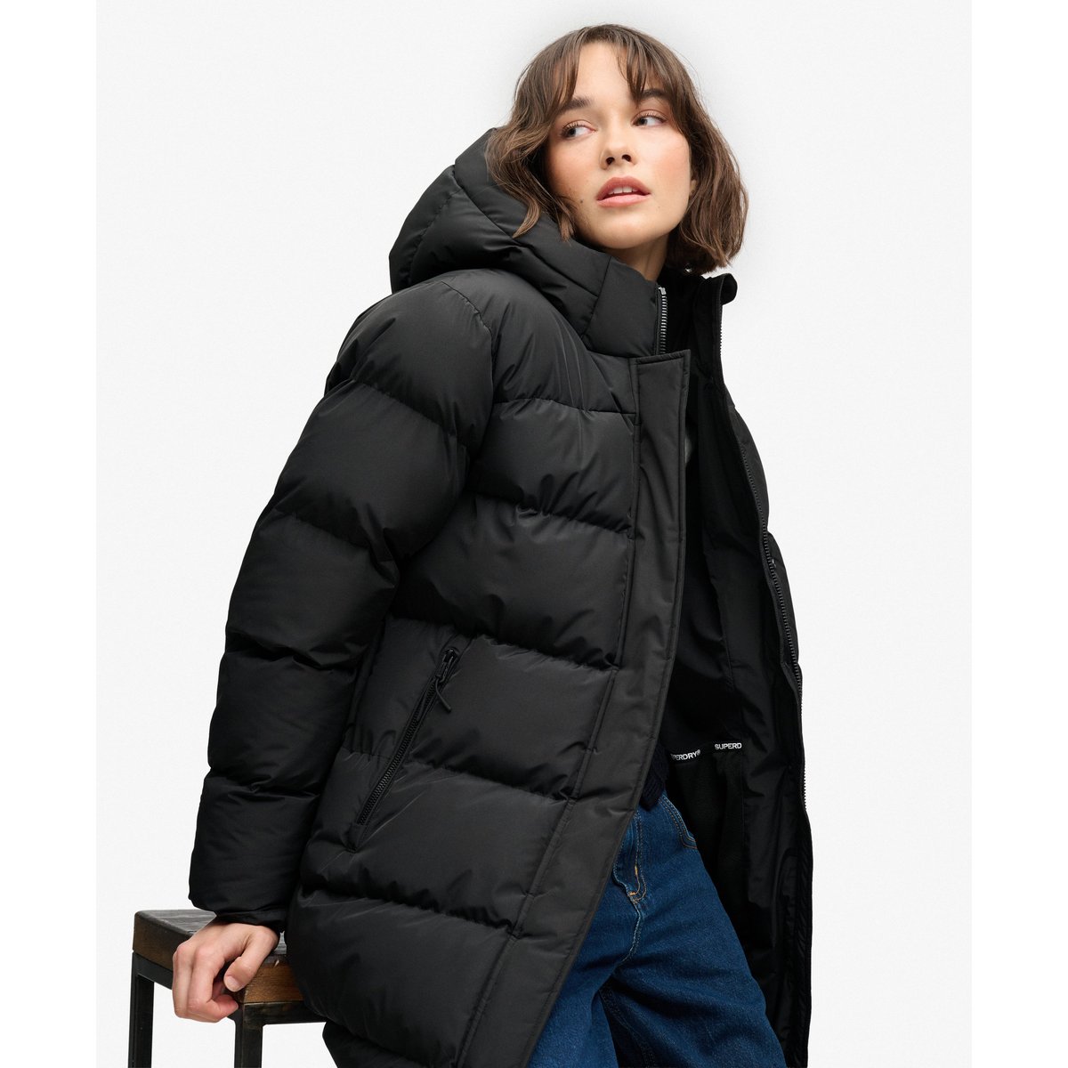 Doudoune mi-longue à capuche Sports noir, SUPERDRY