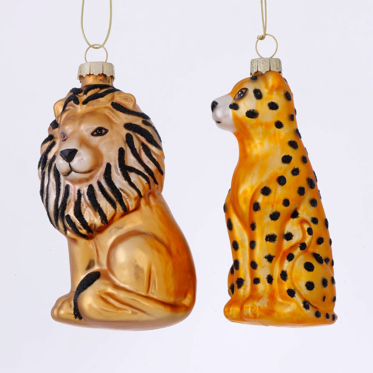 Set de 2 boules de Noël en verre laqué safari lion et léopard 6x4x10cm marron, WADIGA