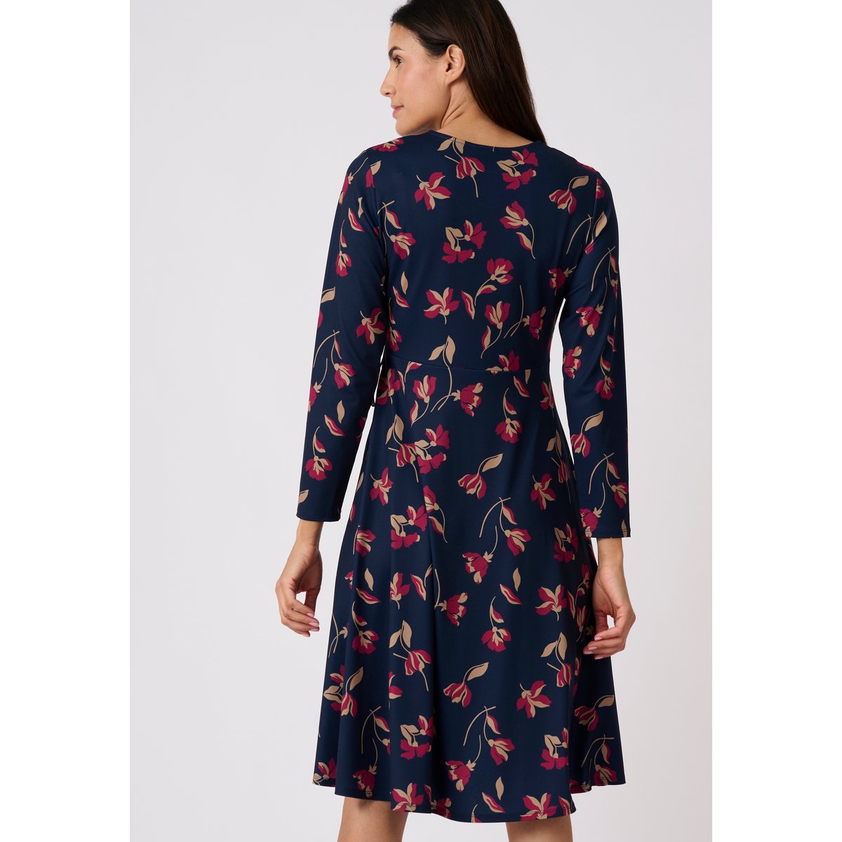Robe maille crêpe effet cache-coeur bleu marine fleuri, DAMART
